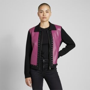 Nancy Bolen City Girl Ribbed Knit ZIP SWEATER FAUX LEATHER/ Studs FRONT SZ M